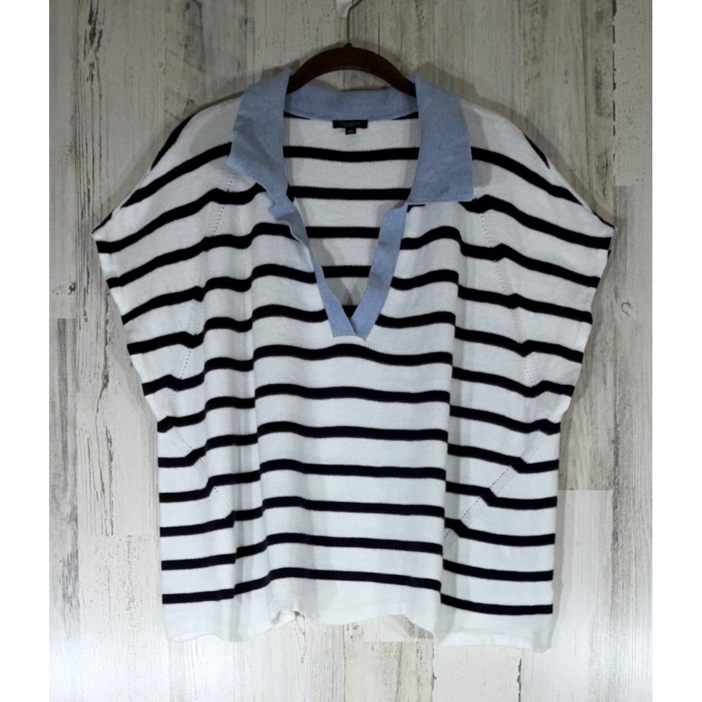 Talbots Sweater 2XP White Navy Blue Striped Cotton V-Neck Collar Preppy Coastal